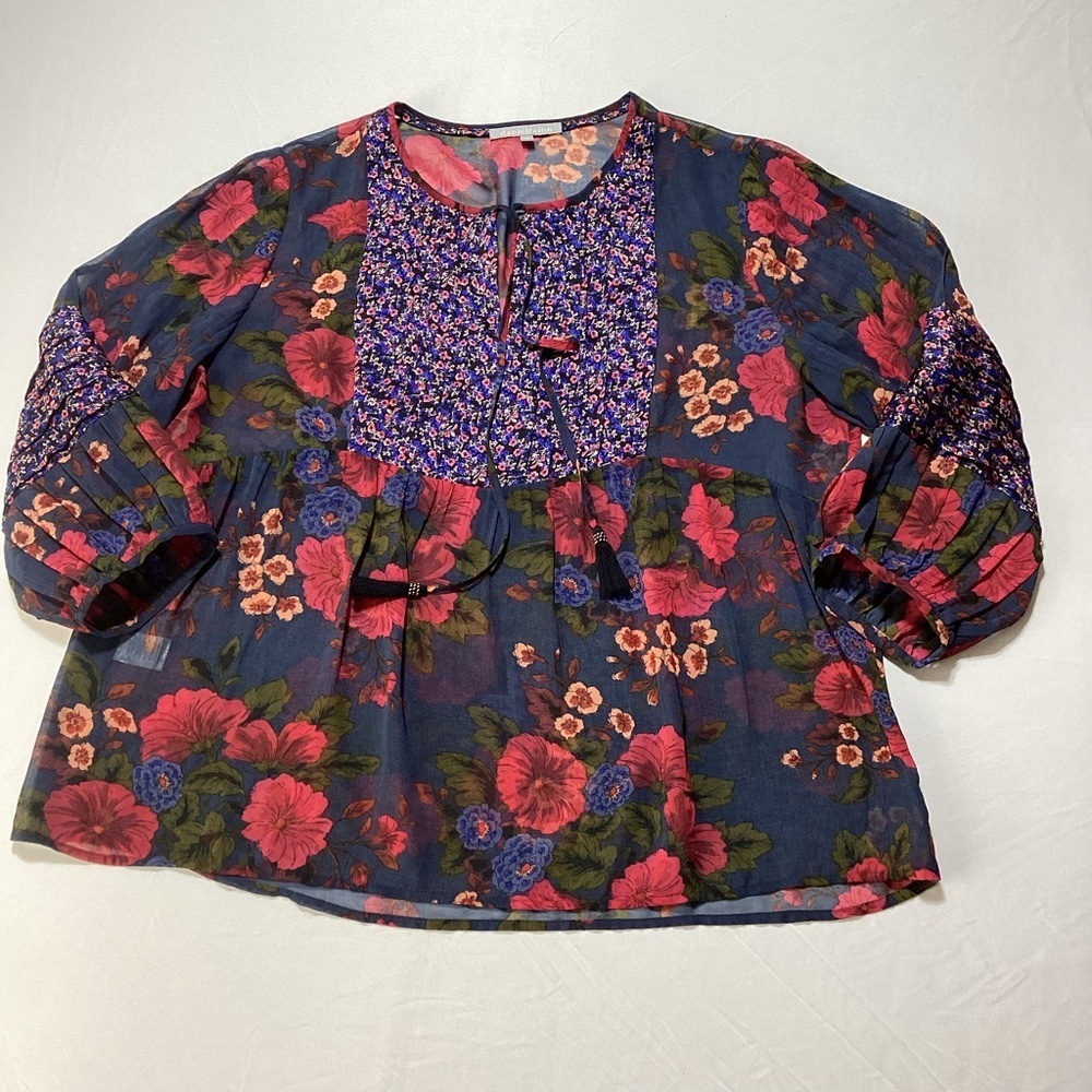 Daniel Rainn Navy and Red Floral Sheer Blouse - Picture 4 of 11